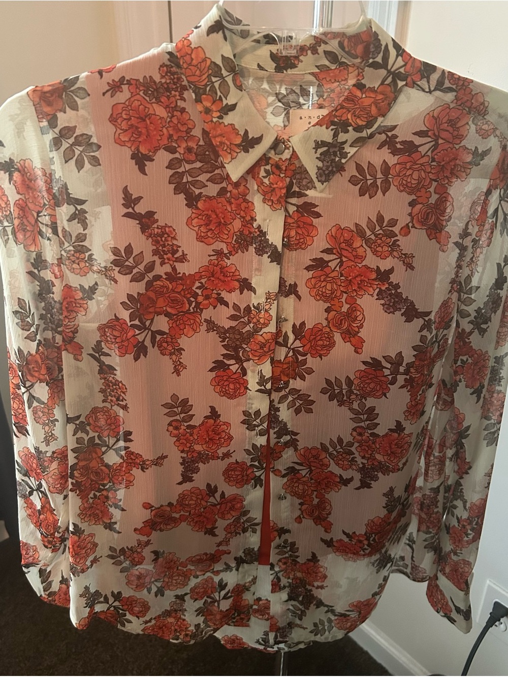 Floral Button-Front Blouse in Cream and Orange